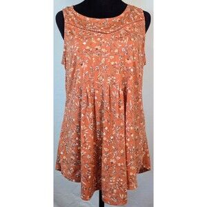 Ava & Grace Small Burnt Orange Floral Sleeveless Tank Pleated Crochet Inset Top